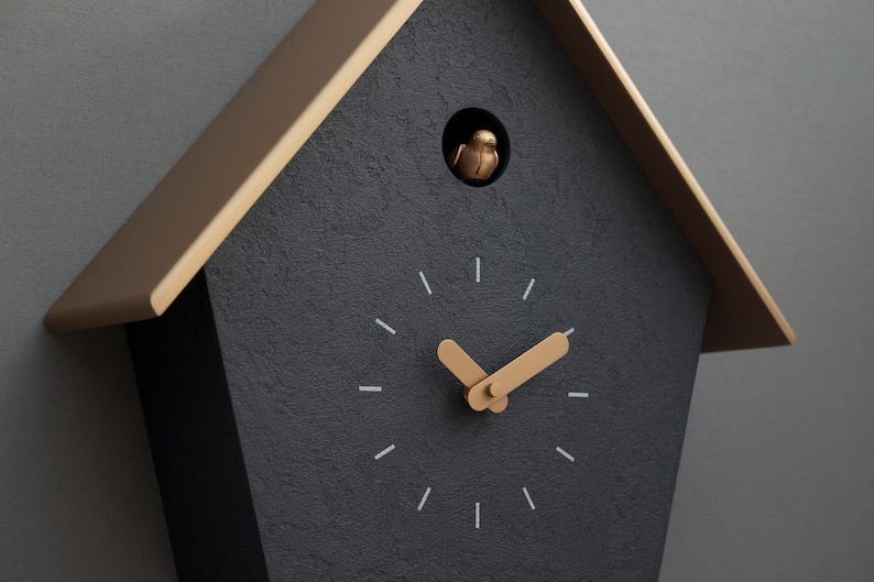 Cuckoo Clock Concrete coated anthracite painted with brass painted accessories & brass painted roof Handmade Modern Design GSC07ANPBC image 9