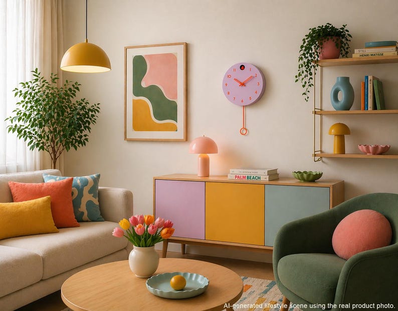May include: A living room scene with a beige sofa, colorful pillows, and a round wooden coffee table. A multi-colored cabinet, a green armchair, and a wall clock add to the room's decor. A framed abstract art piece hangs on the wall.