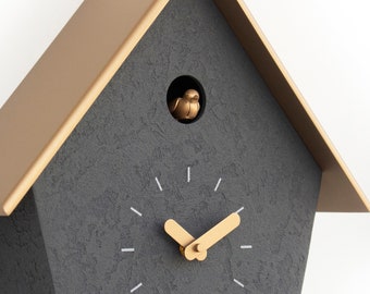 Cuckoo Clock - Concrete coated anthracite painted with brass painted accessories & brass painted roof - Handmade -Modern Design (GSC07ANPBC)