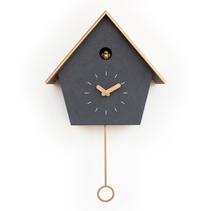 Cuckoo Clock Concrete coated anthracite painted with brass painted accessories & brass painted roof Handmade Modern Design GSC07ANPBC image 2