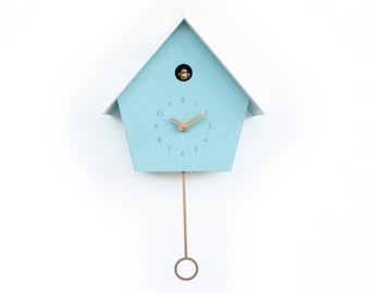 Cuckoo Clock - Powder Blue painted concrete coated with Brass painted accessories & White roof - Handmade - Modern Design (GSC04PMPBR)