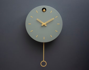 Cuckoo Clock - Linden green with saffron accessories - Handmade - Modern Design (GSY01IYSFC)