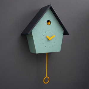 Cuckoo Clock Concrete coated Mold Green painted with sun yellow accessories & anthracite roof Handmade Modern Design GSC01KYGSC image 2