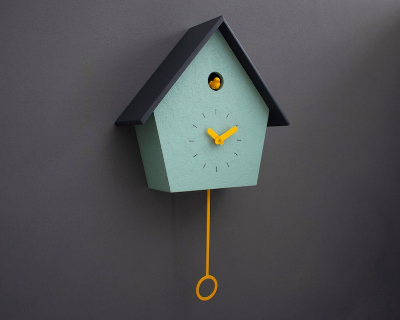 Cuckoo Clock Concrete coated Mold Green painted with sun yellow accessories & anthracite roof Handmade Modern Design GSC01KYGSC image 2