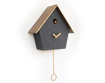 Cuckoo Clock - Concrete coated anthracite painted with brass painted accessories & brass painted roof - Handmade -Modern Design (GSC07ANPBC)