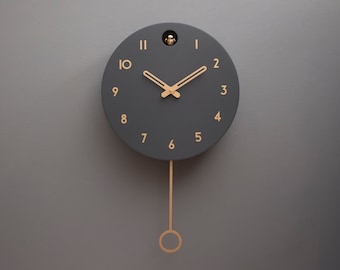 Cuckoo Clock - Anthracite with brass painted accessories - Handmade - Modern Design (GSY01ANPBR)