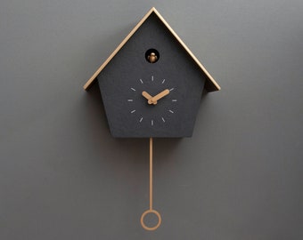 Cuckoo Clock - Concrete coated anthracite painted with brass painted accessories & brass painted roof - Handmade -Modern Design (GSC07ANPBC)