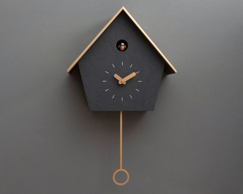 Cuckoo Clock Concrete coated anthracite painted with brass painted accessories & brass painted roof Handmade Modern Design GSC07ANPBC image 1