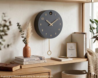Minimalist Cuckoo Clock – Modern Wooden Wall Clock, Scandinavian Home Decor, Anthracite with Brass Details