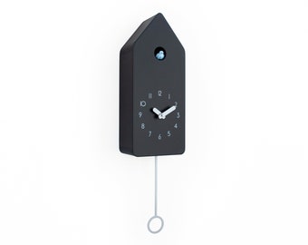 Cuckoo Clock - Black with Silver accessories and Mild Blue Bird - Handmade - Modern Design (GSD02SXR)