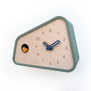 Modern Cuckoo Clock - Muted Green with Amber bird and Wind clock hands - Handmade - Modern Design (GS3AK01MGAR)