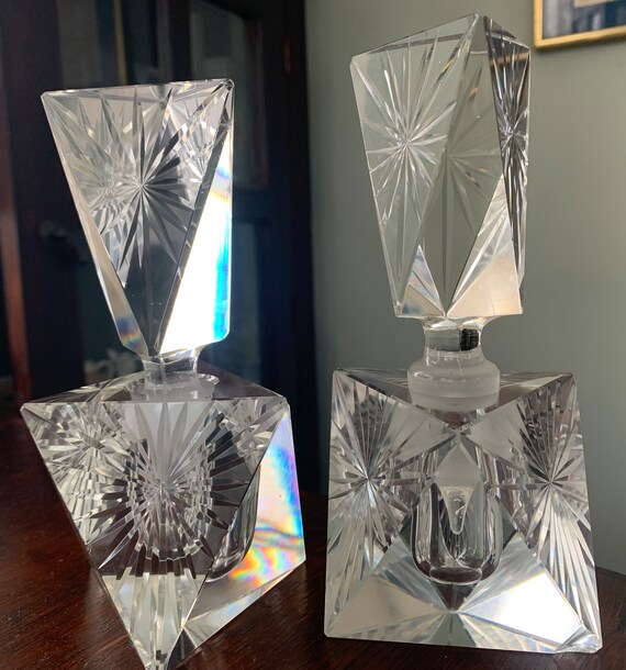 Pair of Cut Lead Crystal Perfume Bottles Starburs… - image 2