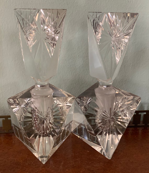 Pair of Cut Lead Crystal Perfume Bottles Starburs… - image 1