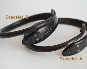 VICTORIAN SNAKE *** one (B) beautiful carved horn bangle bracelet, inlaid eye, dark brown, handmade, Art Deco, serpent, only ONE available