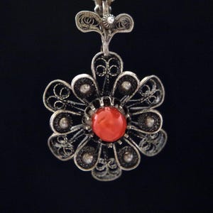 BALKAN FLOWER *** Sweet little Ottoman style Vintage silver filigree & real coral bead pendant, Croatia, ethnic, Balkan, handmade, Boho