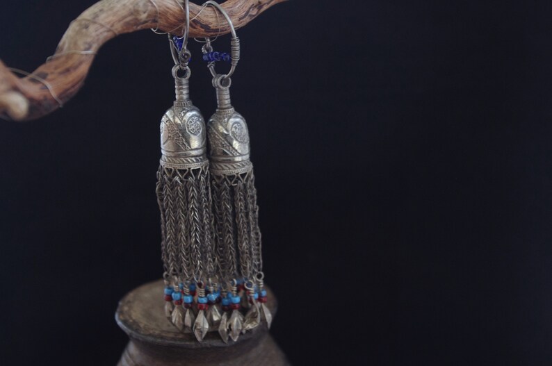 handmade Turkmen Boho Afghanistan tribal old ethnic Uzbek style shoulder dusters TRIBAL TASSEL silver earrings tassels well worn