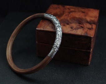 CHINESE DRAGON *** Vintage bamboo bangle bracelet with sterling silver decoration, China, ethnic, tribal, Asia, layering, Boho