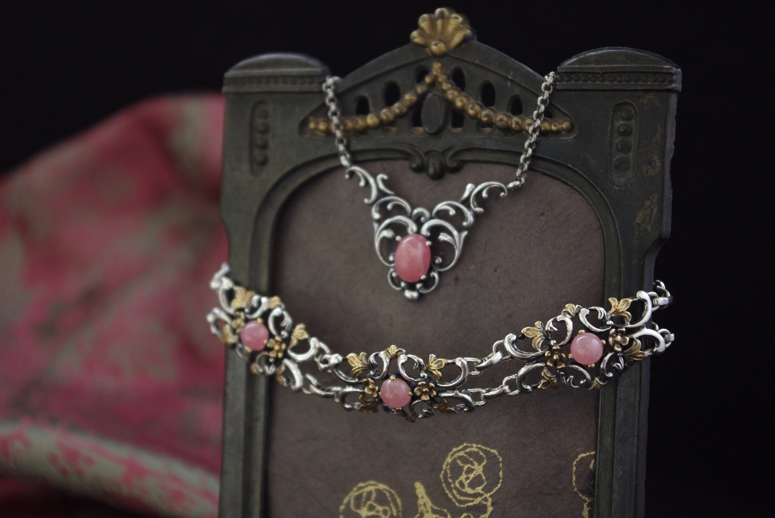 ROSE Vintage Bavarian silver & rhodochrosite jewelry set,