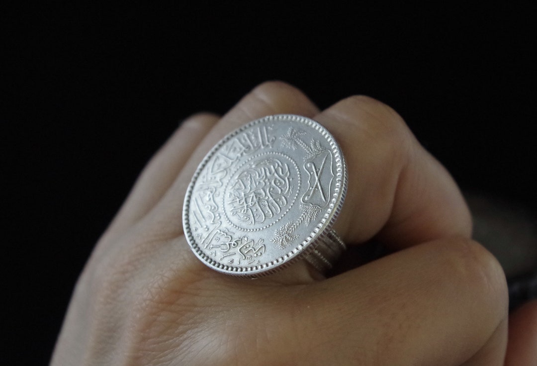 SILVER RIYAL RING *** Rare Large, Ethnic 1 Riyal Coin Ring, Saudi ...