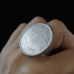 SILVER RIYAL RING *** rare large, ethnic 1 riyal coin ring, Saudi Arabia, Bedouin ring, tribal silver, palm tree, Arabic script, Boho, men