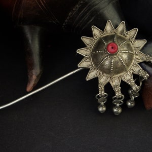 HAIR ORNAMENT*** YEMEN large rare domed hairpin with bell dangles & faux coral, Arab peninsula, Saudi Arabia, Bedouin, ethnic, tribal, nomad