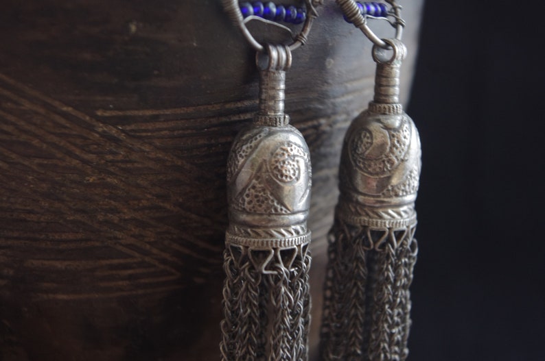 handmade Turkmen Boho Afghanistan tribal old ethnic Uzbek style shoulder dusters TRIBAL TASSEL silver earrings tassels well worn