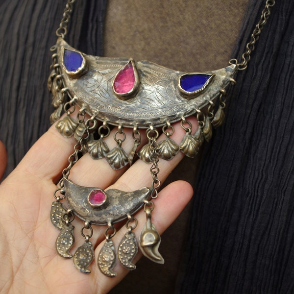 KASHKUL rare old Middle Eastern necklace, Kurdish, Afghan, glass, handmade, ethnic, nomad, bedouin, boho, boteh, Boho, Persian-style, unisex