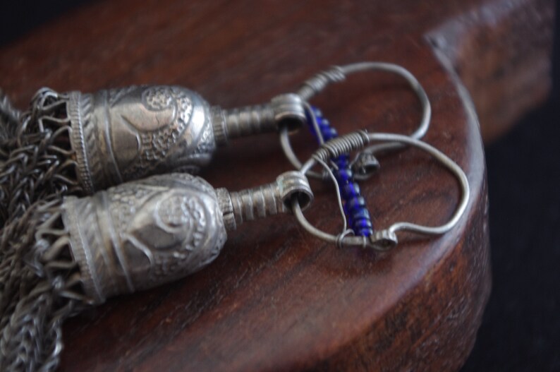 handmade Turkmen Boho Afghanistan tribal old ethnic Uzbek style shoulder dusters TRIBAL TASSEL silver earrings tassels well worn