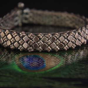 COPPER MOSAIC one or two Vintage Indian flexible snake bracelets, silver plate, handmade, diamond-shape appliqués, tribal, Rajasthan, unisex