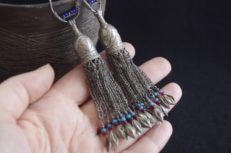 handmade Turkmen Boho Afghanistan tribal old ethnic Uzbek style shoulder dusters TRIBAL TASSEL silver earrings tassels well worn