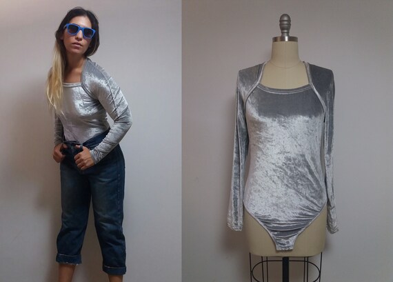 Vintage gray silver velvet long sleeve leotard rom