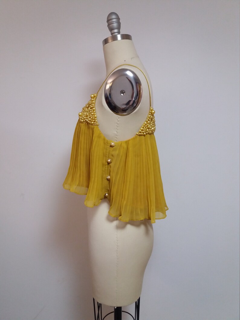 Vintage yellow gold beaded pleated spaghetti strap swing gatsby crop top shirt blouse 1990 90s