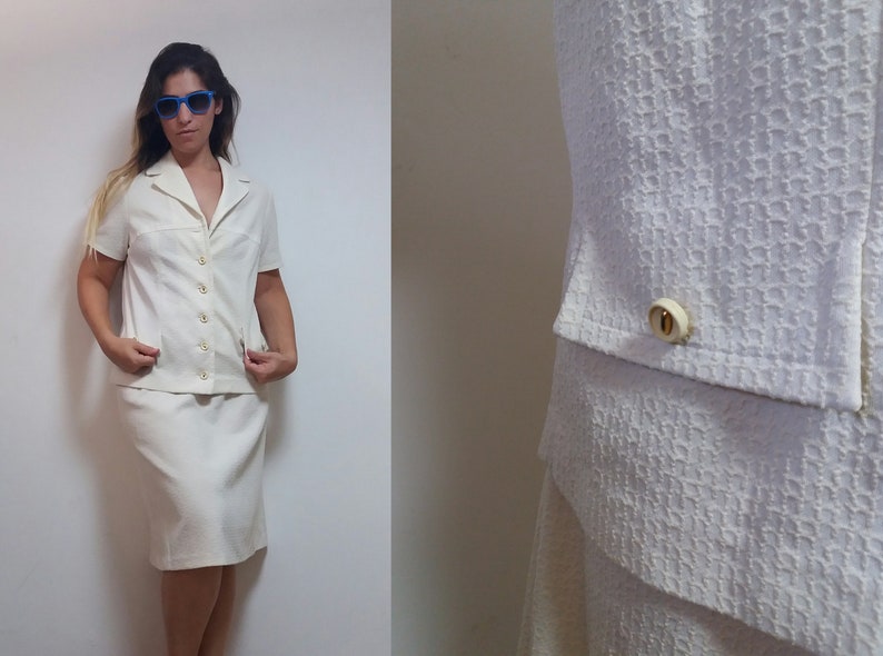 Vintage white cream short sleeve midi mod 2 piece outfit blazer jacket vest top pancil skirt business suit 60s 1960s