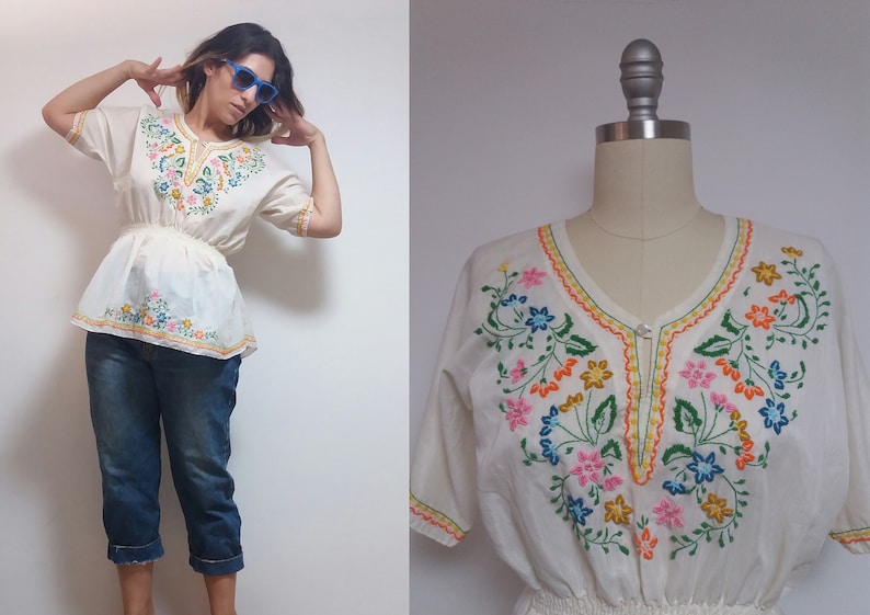Vintage white rainbow embroidered floral pattern 60s 1960s crop top shirt blouse