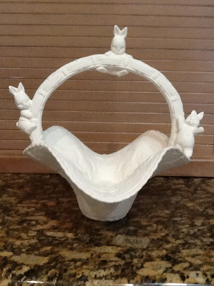 Ceramic Bisque Large Easter Wicker Basket With Bunny 9.5" Tall Ready to ...