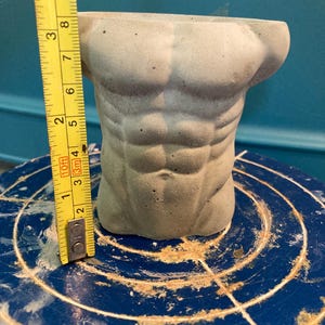 May include: A gray concrete planter shaped like a human torso with defined abdominal muscles. A yellow measuring tape is positioned vertically next to the planter, showing a height of approximately 3.5 inches from base to top rim.