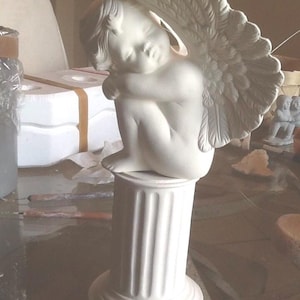 Ceramic Bisque Angel sitting Cherub On A Pedestal Scioto U-Paint Ready To Paint