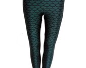 Green Mermaid Fish Scale Digital Print Leggings Women's Pants Tights One Size
