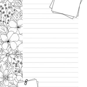 May include: A monochrome floral pattern borders the left side of a lined paper. The floral design features various flowers and leaves. Two stacks of blank square sticky notes are secured with paper clips.