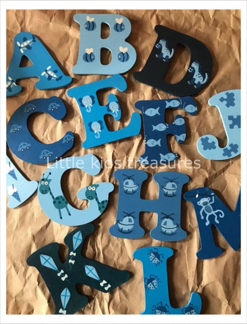 8cm Wooden painted decorative PICTURE alphabet letters blues/ boys individually hand painted childrens projects. Little kids treasures image 2