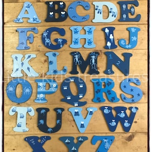 8cm Wooden painted decorative PICTURE alphabet letters blues/ boys individually hand painted childrens projects. Little kids treasures image 1