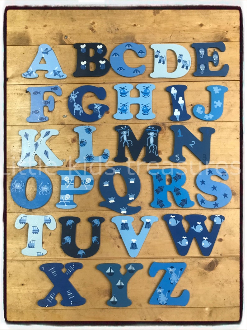 8cm Wooden painted decorative PICTURE alphabet letters blues/ boys individually hand painted childrens projects. Little kids treasures image 1