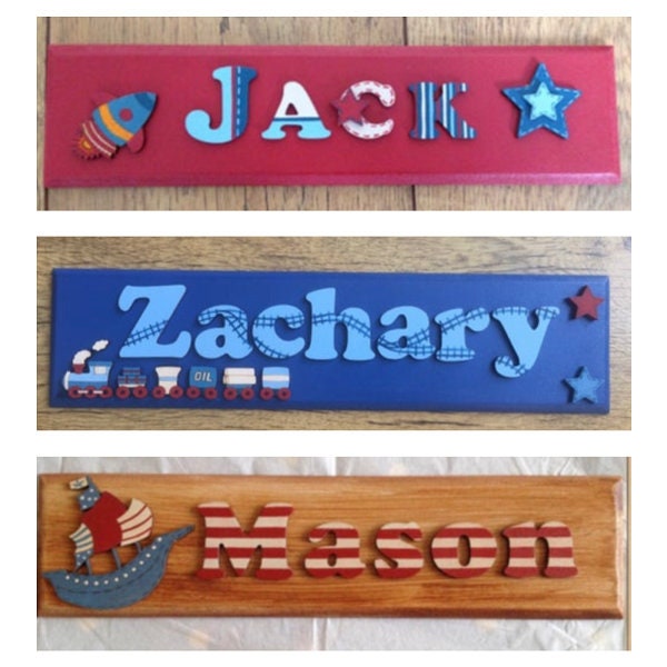 Boys hand made wooden name plaque/door signs. Personalised up to 8 letters 12x3" - Little kids treasures