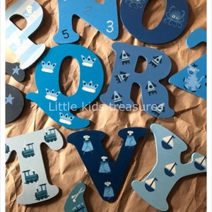 8cm Wooden painted decorative PICTURE alphabet letters blues/ boys individually hand painted childrens projects. Little kids treasures image 3
