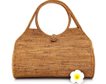 Handmade Straw Top Handle Tote Bag with Lining, Woven Boho Basket Bag with Round Handle, Summer Beach Purse for Women, Rattan Vegan Handbag