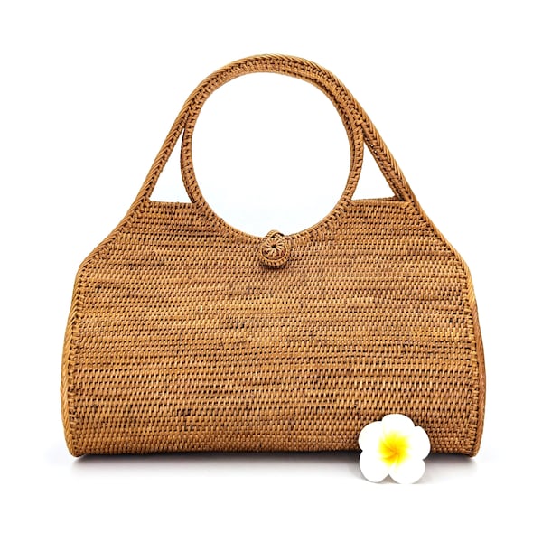 Handmade Straw Top Handle Tote Bag with Lining, Woven Boho Basket Bag with Round Handle, Summer Beach Purse for Women, Rattan Vegan Handbag