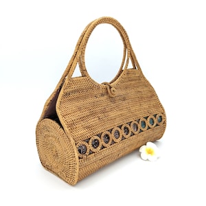 Bolso de mano de estilo ratán de verano con asa superior y amplio interior forrado, bolso de mano bohemio de mimbre tejido a mano para mujer, regalo único hecho a mano