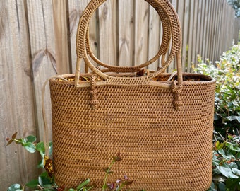 Rattan Top Handle Bag with Drawstring Closure, Straw Tote Bag, Rattan Summer Bag, Wicker Basket Bag, Natural Woven Straw Bag, Bohemian Bag