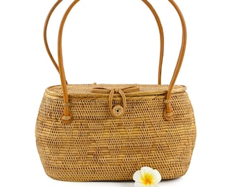 Handwoven Vintage Purse with Lid: Straw Basket Bag, Summer Wicker Handbag