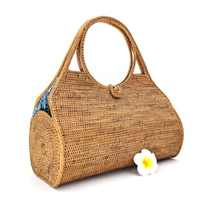 Bolso de mano de paja hecho a mano con asa superior y forro, bolso de cesta bohemio tejido con asa redonda, bolso de playa de verano para mujer, bolso vegano de ratán.
